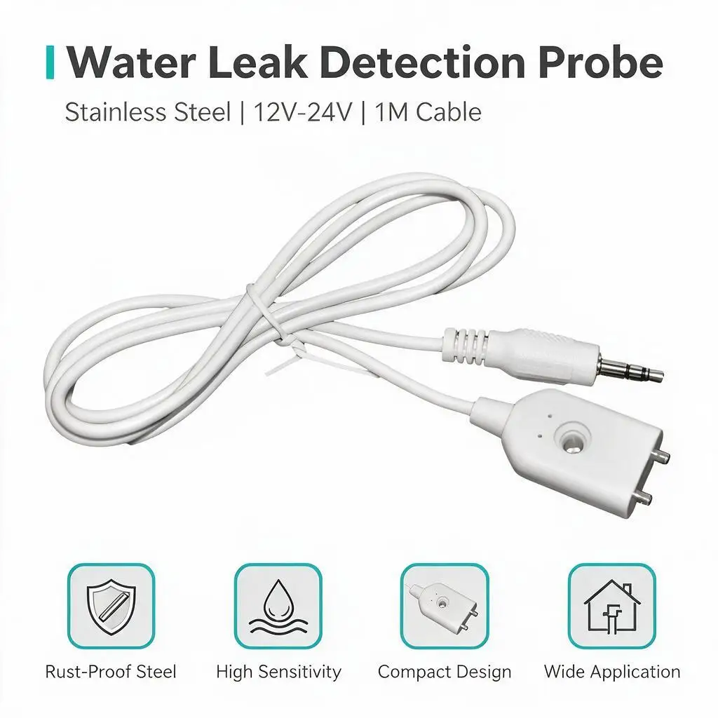 Wired Water Leak Sensor Probe Stainless‑Steel Water Detection Electrode Leakage Alarm Detector Accessory With 1M Cable