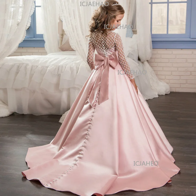 Robe de princesse pour filles 2026, style mode, en dentelle et satin, avec nœud et petit traîneau, p