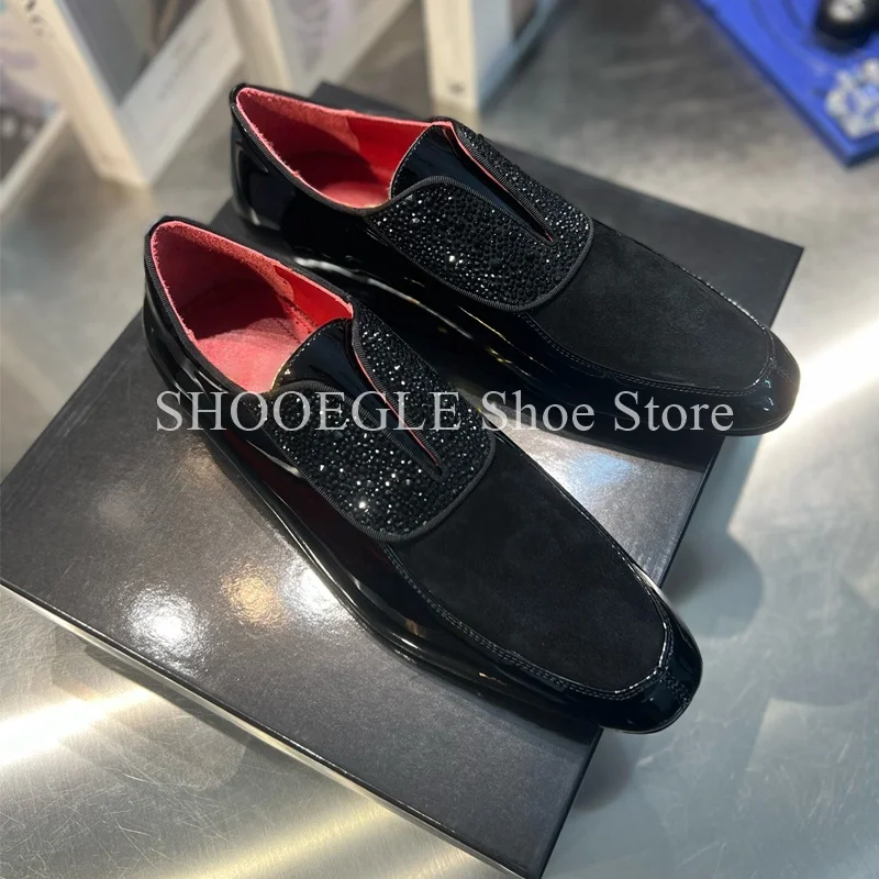 

Rhinestone Suede Leather Stitched Shoes for Men Office Loafers Business Dress Wedding Shoes High Quality Casual Single Shoes