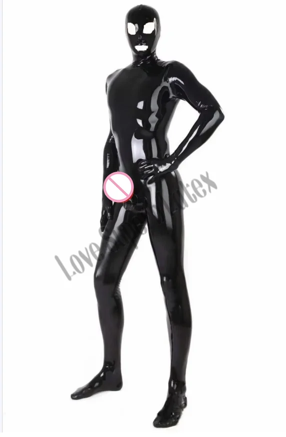 Homens capa completa látex fetiche catsuit sexy zentai bodysuit com bainha frontal adulto látex macacão anexado capuz meias e luva