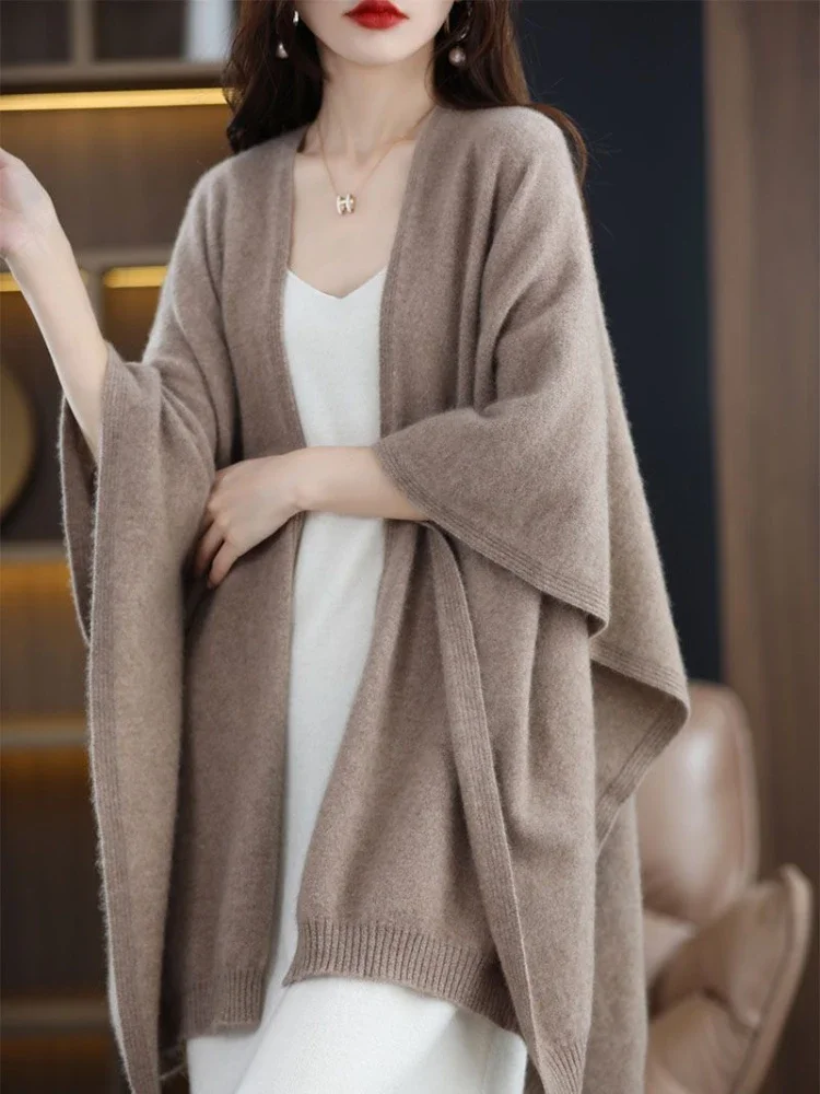 Luxury Women\'s Wool Cape Poncho with Oversized Open Front and V-neck Loose Knit Solid Color Shawl Scarf Outerwear Sweater Q417