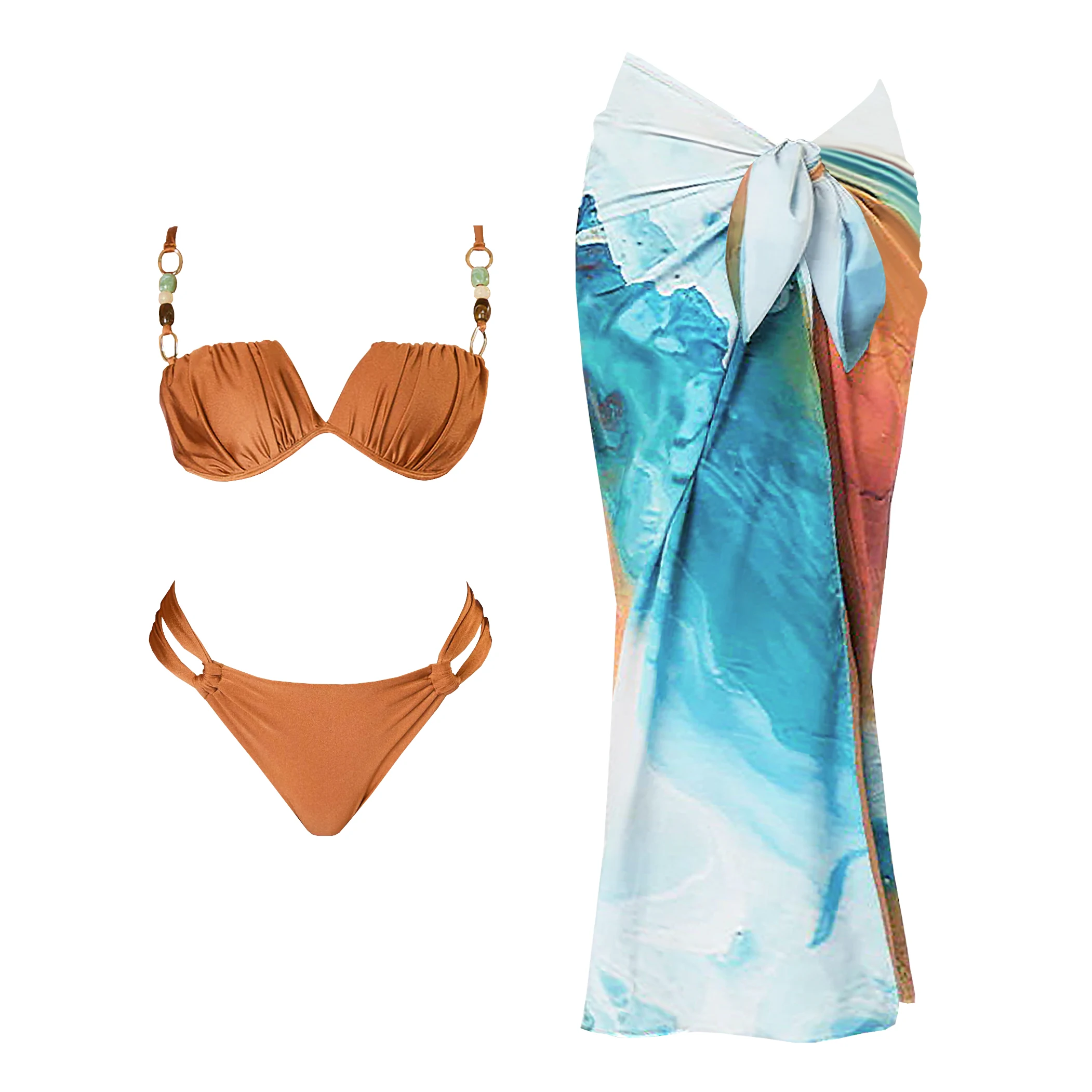 Sexy 3 Pieces Bikini Women Swimsuit 2025 New Swimwear With Sarong Push Up Bathing Suit Beachwear Bandeau Biquini Female Cover Up
