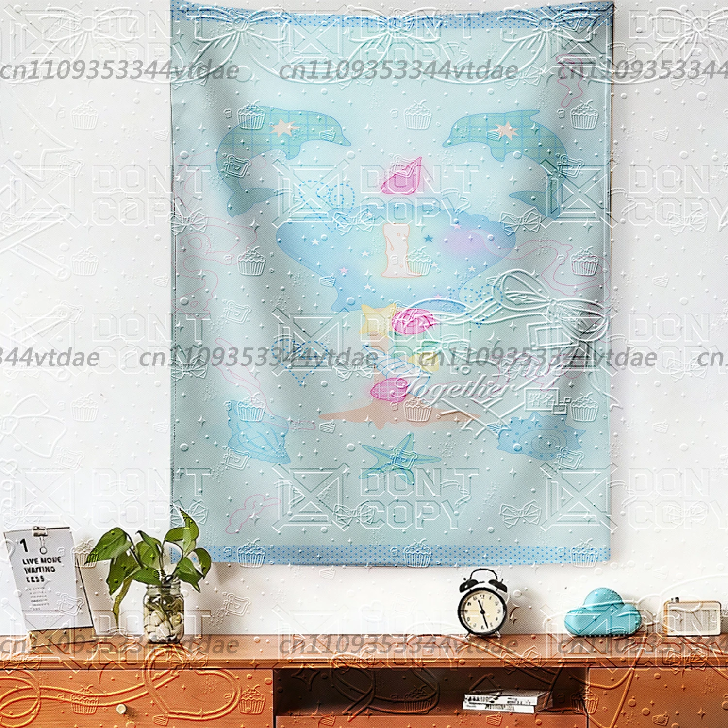 Cute Ocean Dolphin Tapestry Kawaii Pastel Blue Sea Shell Wall Hanging, Sweet Aesthetic Background Cloth for Bedroom Dorm