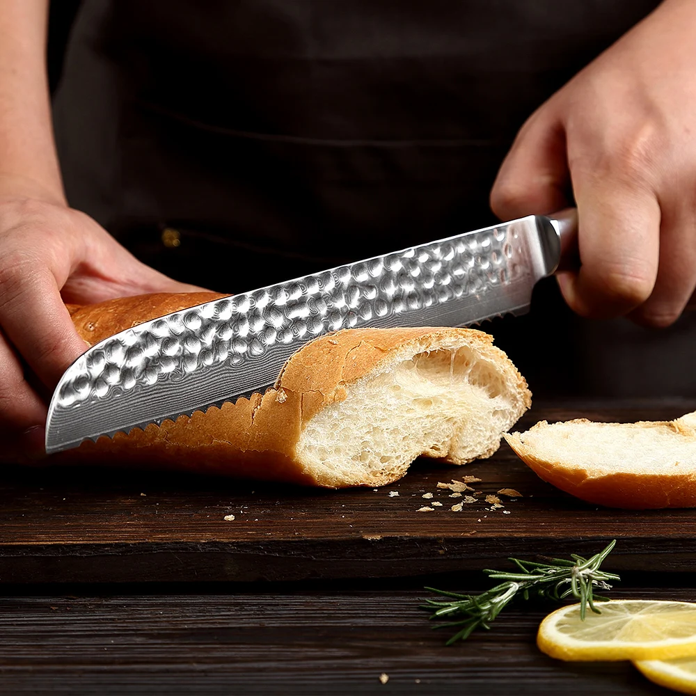 8 Inch Serrated Bread Knife Sharp Bread Cutting Knife Damascus High Carbon Stainless Steel Ergonomic Handle Easy to Use Durable