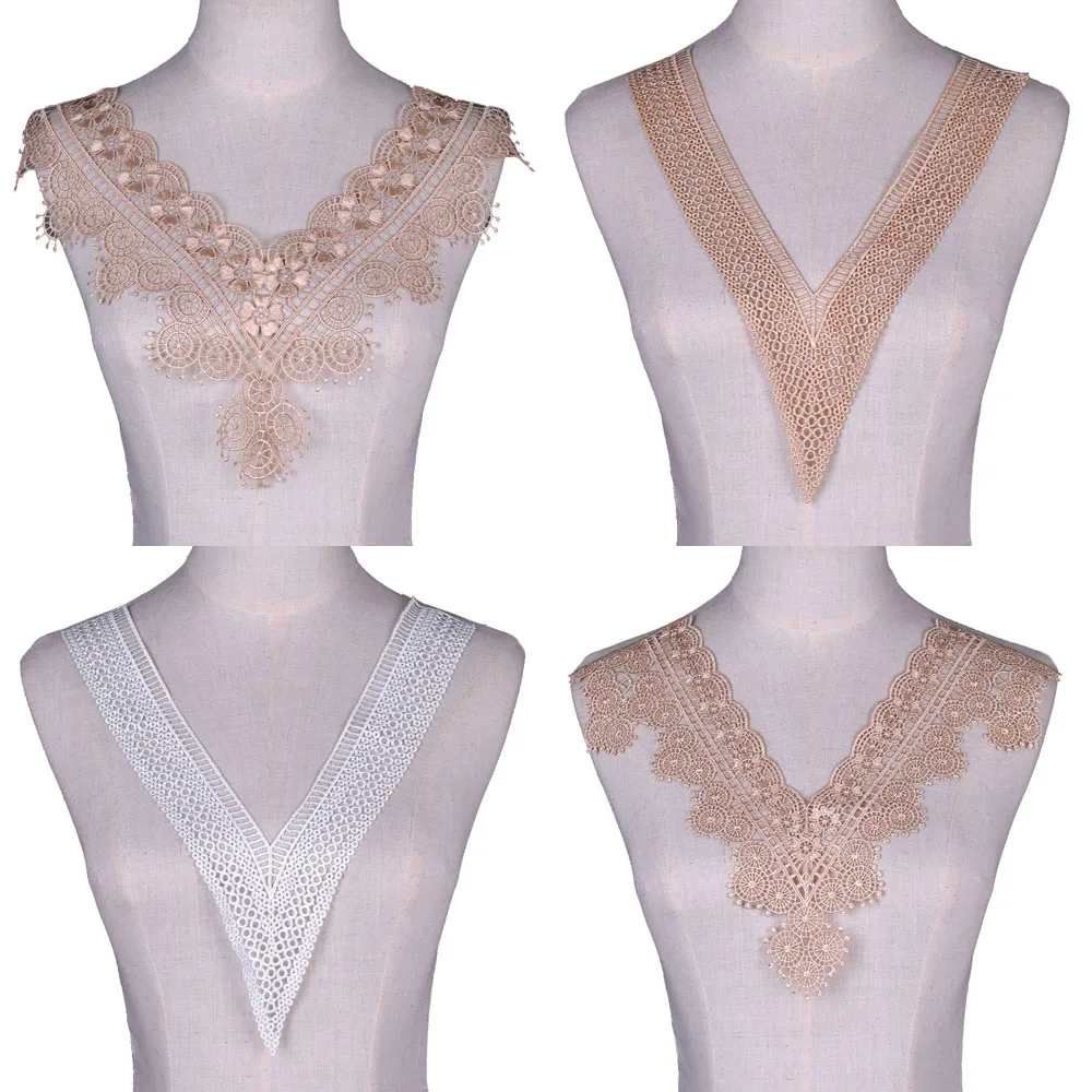 1Pc V Neck Embroidered Lace Neckline Collar Guipure Applique Trims Clothing Sewing Supplies