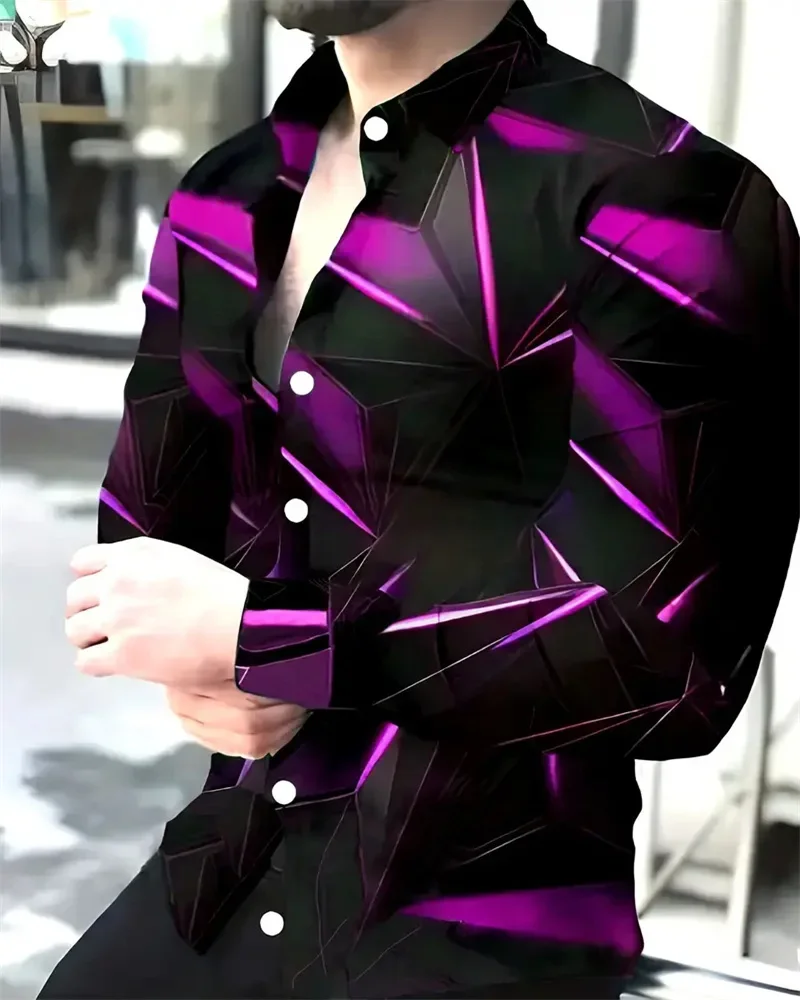 3D geometric printing men's casual button long sleeved shirt men's spring, summer, autumn top men's 6XL fashionable men's shirt