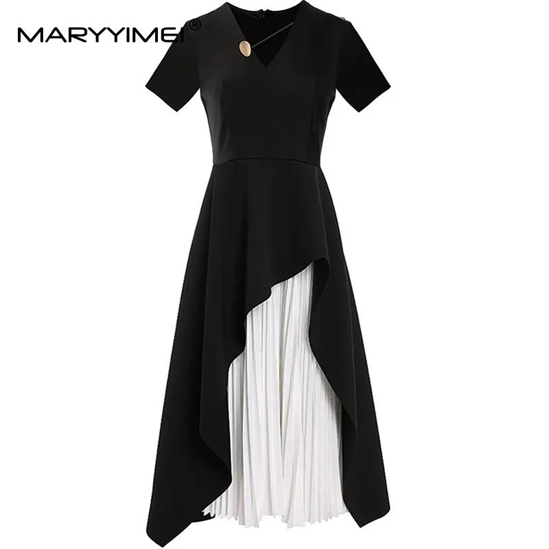 

MARYYIMEI Women's Simple Party Prom Dress V-Neck Short-Sleeved Slim Solid Pleated Splicing Dresses Spring Summer 2025 New