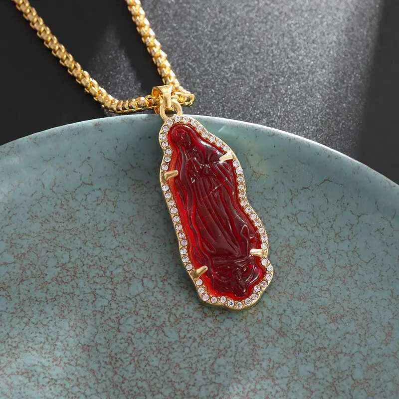 Exquisite Zircon Our Lady of Guadalupe Statue Pendant Virgin Mary Necklace for Women Mens Catholic Prayer Lucky Amulet Jewelry