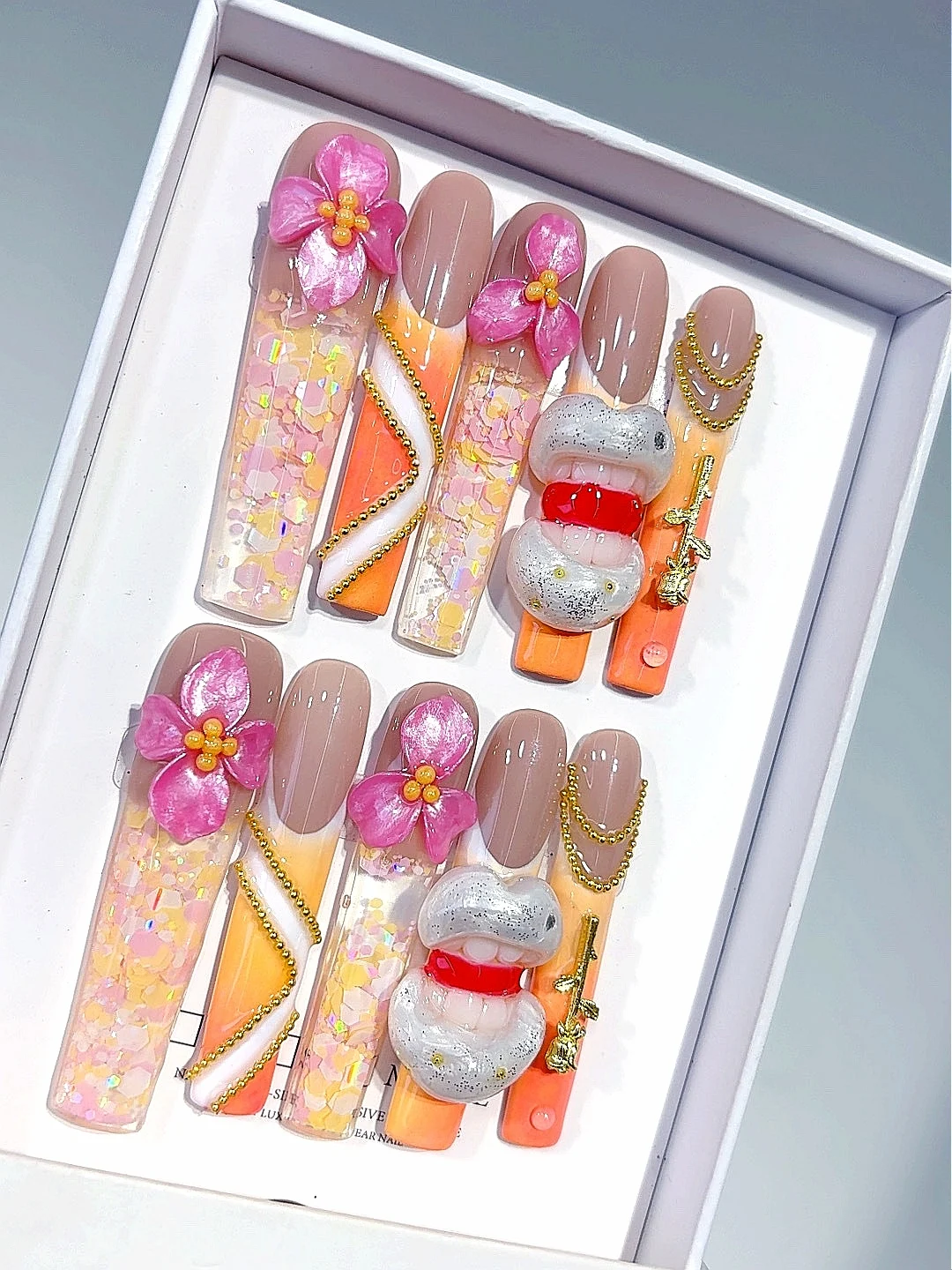 

Pastel Orange & Pink Resin Press on Nails - 3D Flower Statement Accent False Nails Handmade for Women（O018）