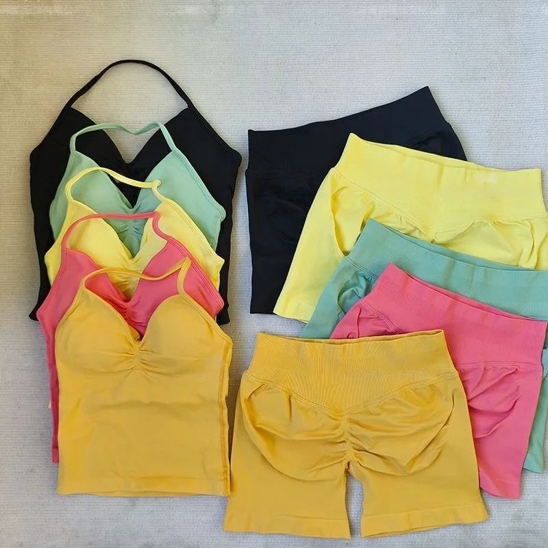 2Pcs Set Yoga Strappy Vest&Shorts Women Resistance Training Seamless Padded Halter Tank Top Scrunch Butt Lifting Gym Shorts Set