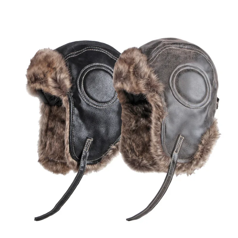 PU Leather Winter Gear Russian Ushanka Cossack Trooper Hat Trapper Hunter Headwear Pilot Aviator Bomber Cap