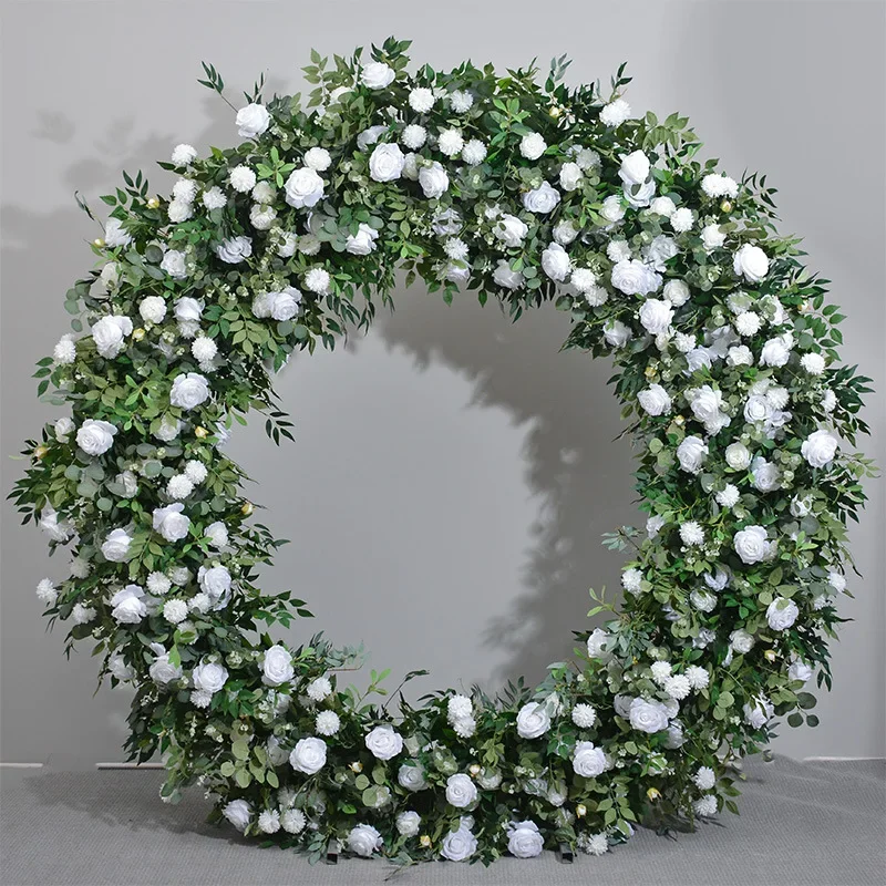 

New circular frame decoration, floral wedding arch, iron frame decoration, green plants, embroidered balls, rose rows