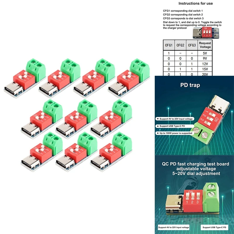 10PCS Type-C PD QC Trigger 5V-20V DC Adjustable Voltage Power Module Dial Adjustment Voltage Fast Charging Decoy Module Durable