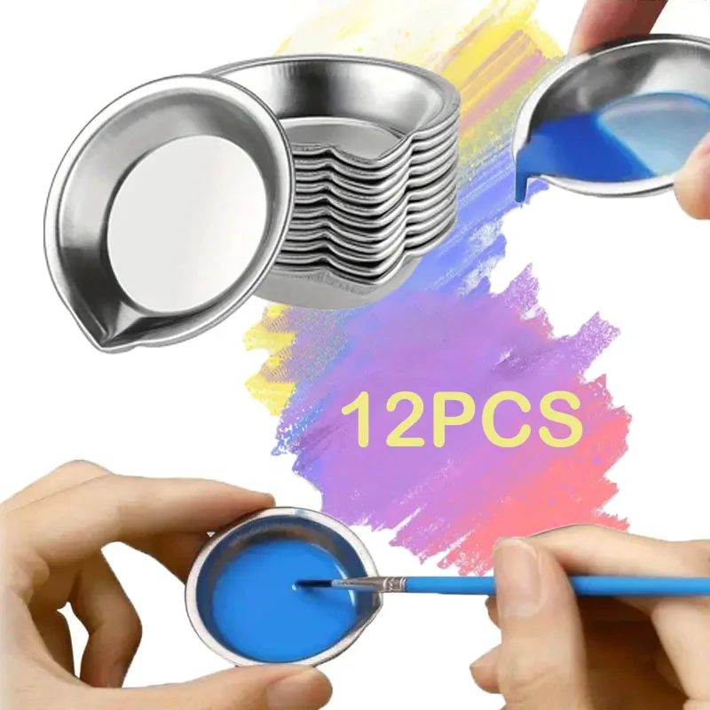 12PCS/set Makeup Palette Stainless Steel Small Round Paint Tray Artist Watercolours Paint Mixing Palette Tray For Artist
