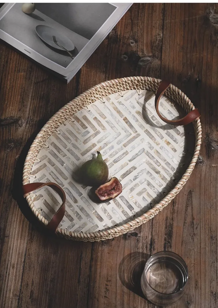 Wabi-Sabi Style Natural Shell Fruit Plate, Dessert Basket, Handmade Rattan Storage Tray, Bathroom Home Decoration Organization