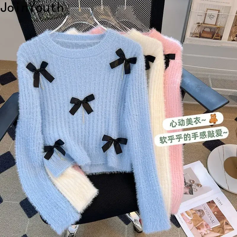 Sweet Sweater Women Clothing Bow Tunic Fashion Jumper Pull Femme 2023 Ropa Mujer Casual Korean Knitted Pullovers Y2k Tops 27p581