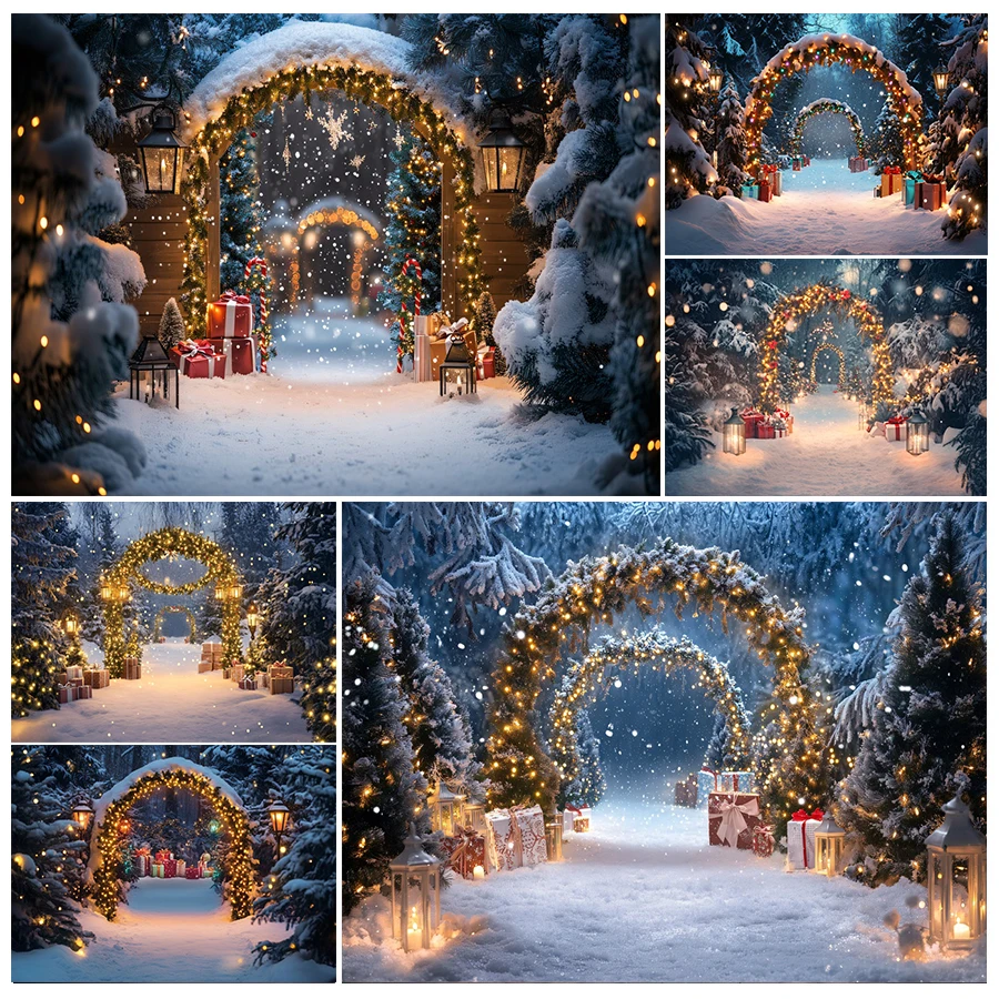 

Зимний Рождественский фон для фотосъемки Снежная арка Дверной фонарь Рождественская елка Лес в канун Рождества Фон для семейной вечеринки Фотостудия
