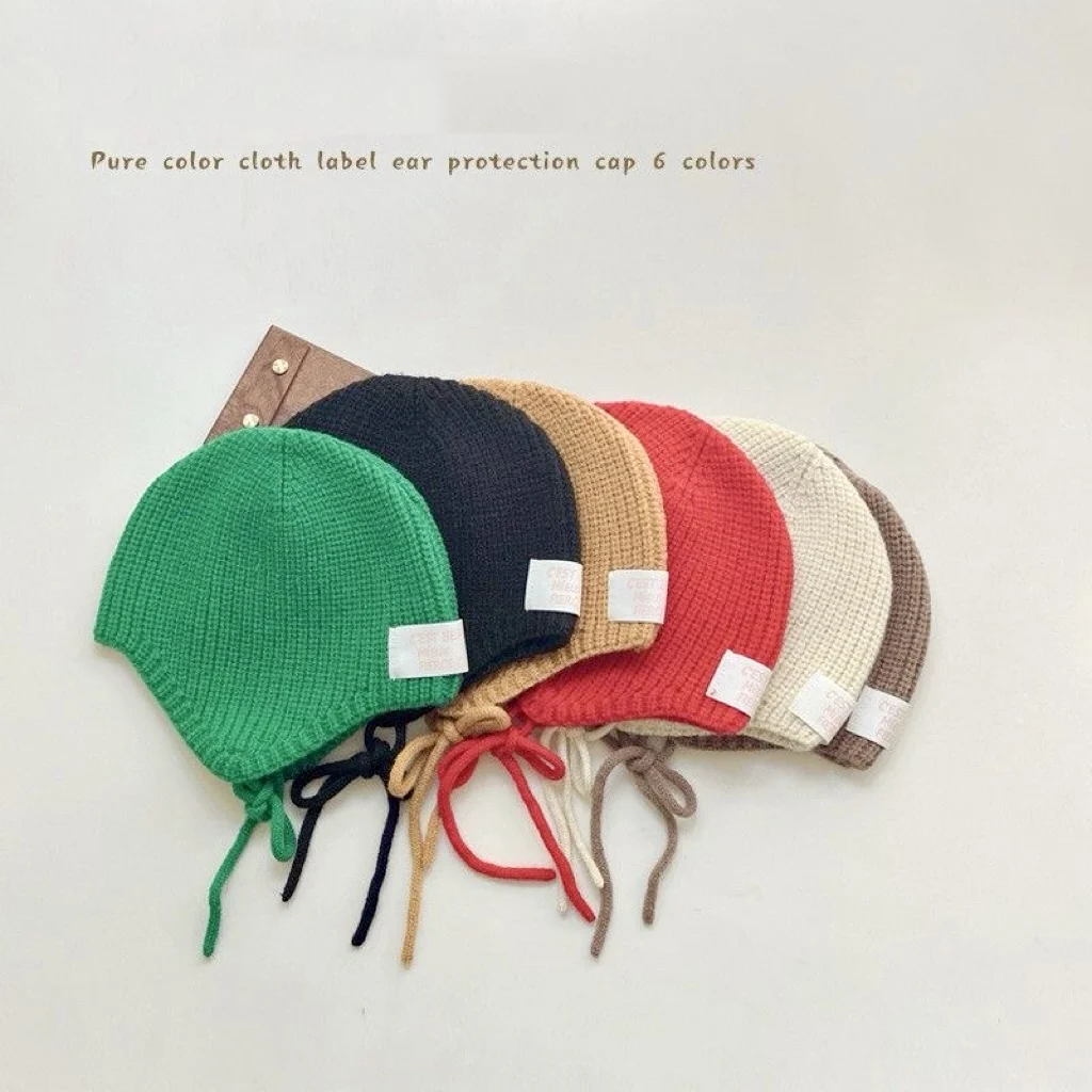 Children's hat autumn and winter ear strap wool knitted for boys and girls solid color warm simple