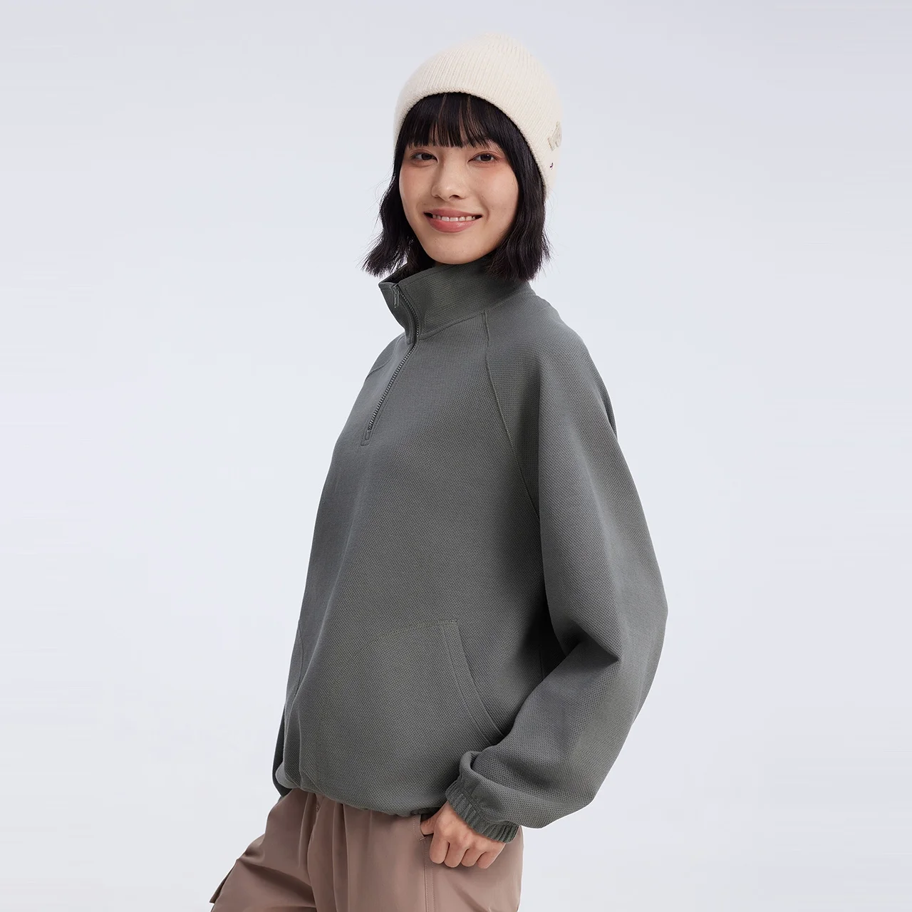 Metersbonwe Women Stand Collar Loose Hoodie Half Zipper Adjustable Elastic Hem Warm Fleece Sweatshit Spring Outdoor Pullover