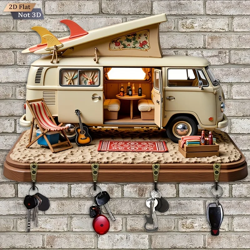 2D Flat. 1pc. Vintage Campervan Key Hook - Wooden Multi-Functional Decorative Key Holder with Four Metal Hooks, Wall