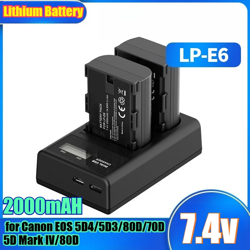 

2000mAh LP-E6 Lithium Battery Replacement for Canon EOS 5D4/5D3/80D/70D 5D Mark IV/80D High Capacity Li-ion DSLR Camera Battery