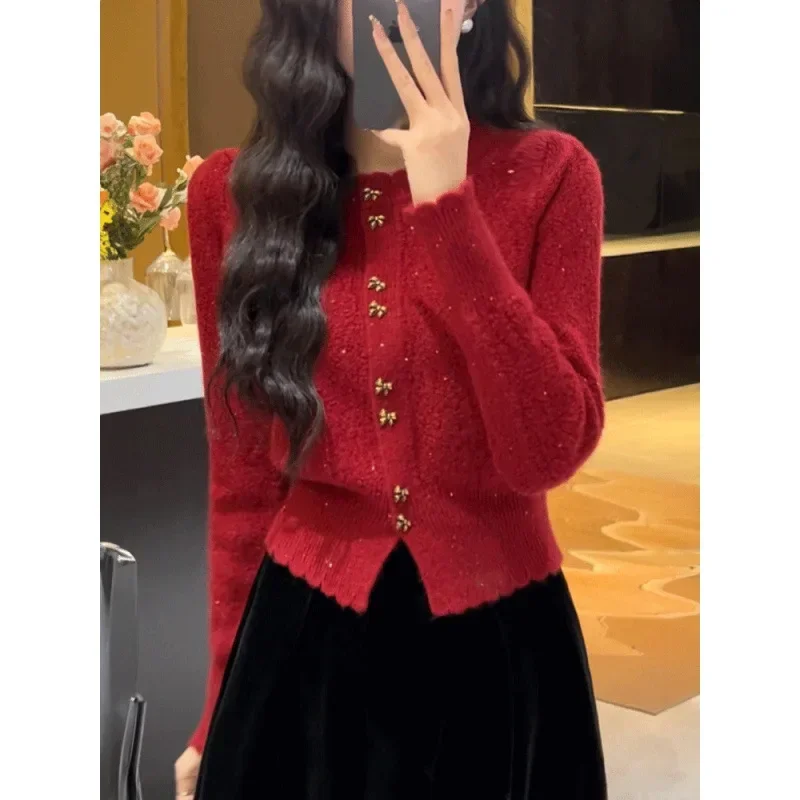 2025 New Women's Cropped Spring Top Knitted Cardigan Sweater Jacket Tweed Styled Early Spring Women's Warm Weather Wool Top