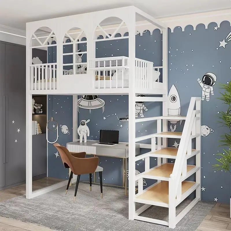 Simple and space-saving wrought iron bed, two floors of elevated double bunk up and down a ladder