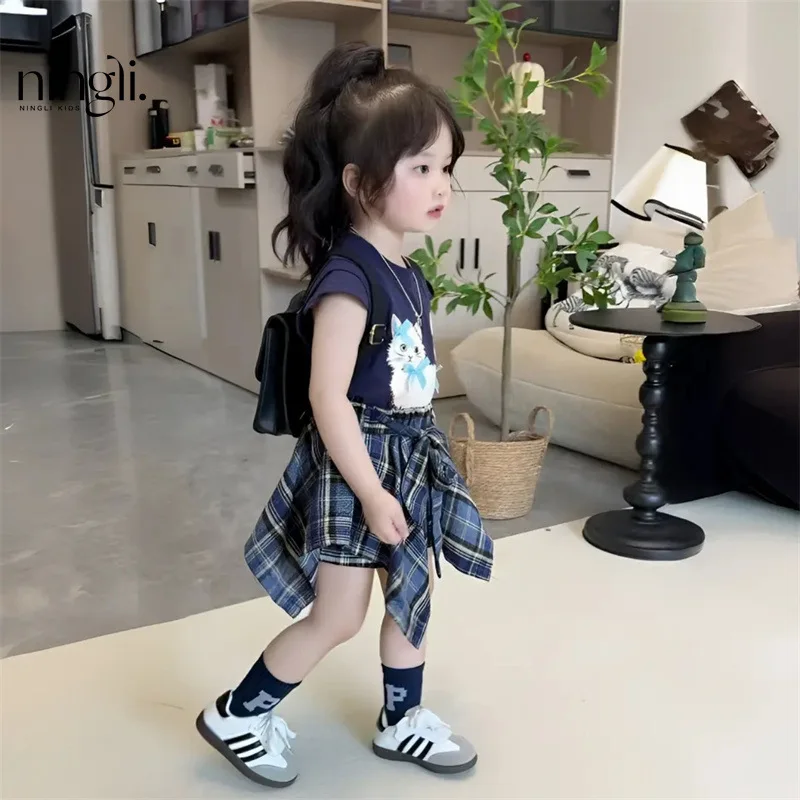 

Girls Summer Short Sleeve Suit New Children's CartoonTT-shirt vest irregular plaid skirt pants two-piece set