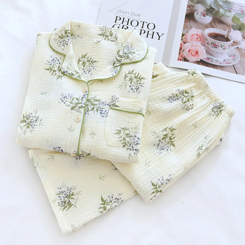 Spring Pure Cotton Gauze Long Sleeved Sleepwear Women's Lapel Print Home Clothing Washed Crepe Fabric Sweet Cardigan Pajamas