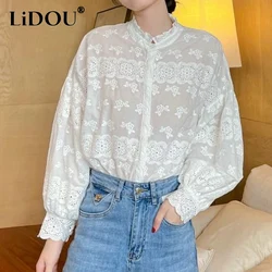 2023 Summer New Lantern Sleeve Solid Color Shirt Women Stand Collar Single Breasted Cardigan Ladies Pure Cotton Embroidered Tops