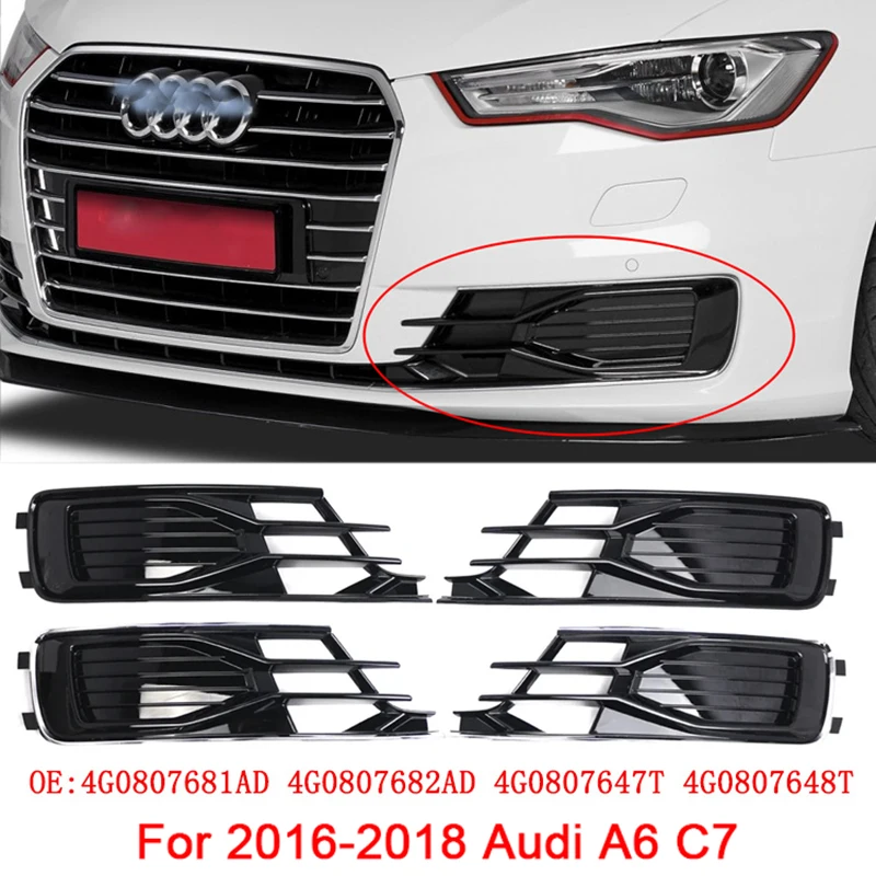 

2pcs ABS Black Car Front Bumper Fog Light Cover Lower Bezels Grille for Audi A6 C7 2016-2018 4G0807647T 4G0807648T 4G0807681AD