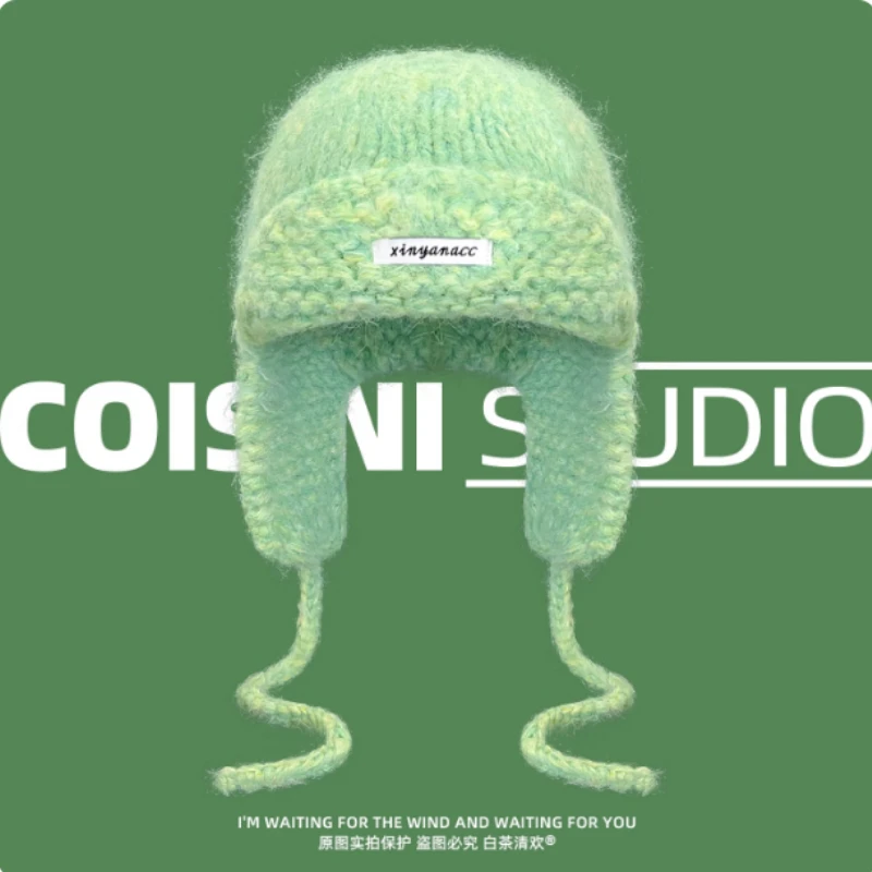 

Корейский пуловер Ins с защитой ушей, вязаные шапки-бини для женщин, осенне-зимние уличные теплые универсальные шапки-бомберы на шнуровке