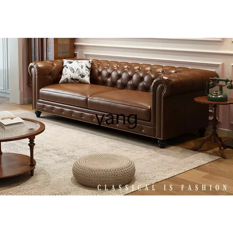 

LTT American retro living room small apartment leather sofa French medium and ancient style straight row sofa