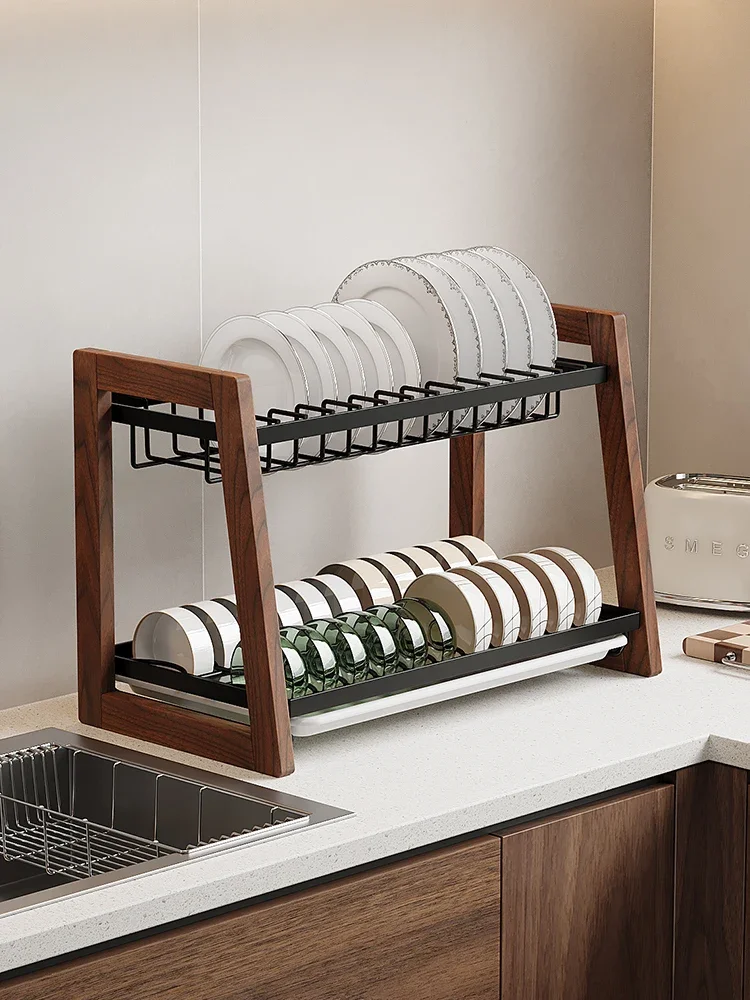 

Walnut Kitchen Dishes Drain Storage Rack Antique Countertops Tableware Dishes Knives Chopsticks Seasoning Shelves