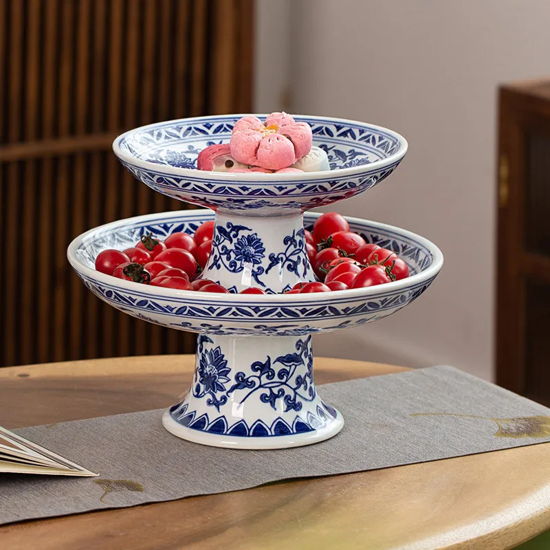 Chinese Blue and White Porcelain Plates, High Footed Ceramic Bowls, Tableware, Fruit Plates, Snacks, Kitchen Storage Plates