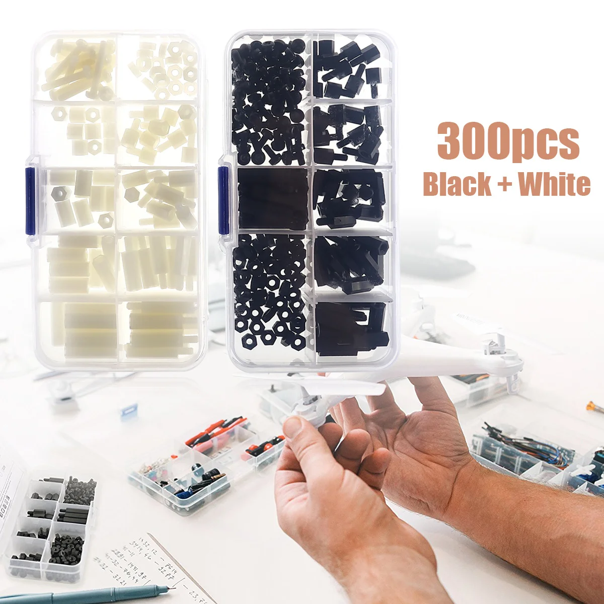 

300 шт. прочный нейлоновый пластиковый винт, гайка, шестигранные прокладки, ассортиментный комплект, черно-белая стойка, пластиковая коробка, аксессуары