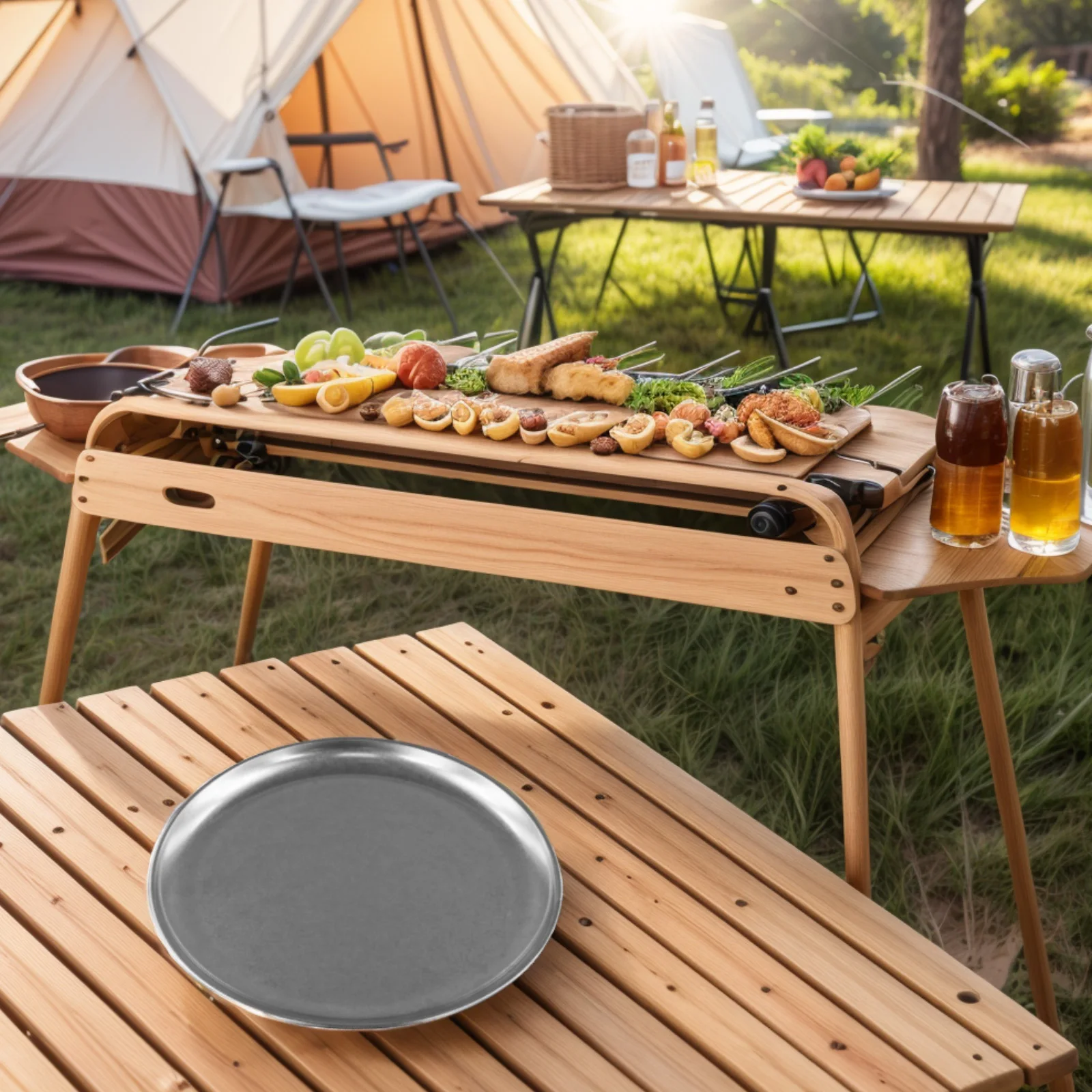 Stainless Steel Round Dish for Camping BBQ Double Wall Design Ensures Safe Handling While Serving Delicious Foods