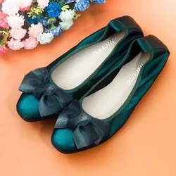 2024 Summer Genuine Leather Bowknot Ballerina Women's Flat Round Toe Comfort Slip-On Ladies Loafers Leather Single Mules Shoes