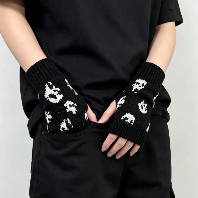 Neue Halloween-Totenkopf-Strickhandschuhe für Halbfinger-Fingerlose Handschuhe, Warme Winter-Wollhandschuhe für Draußen – Detail 4