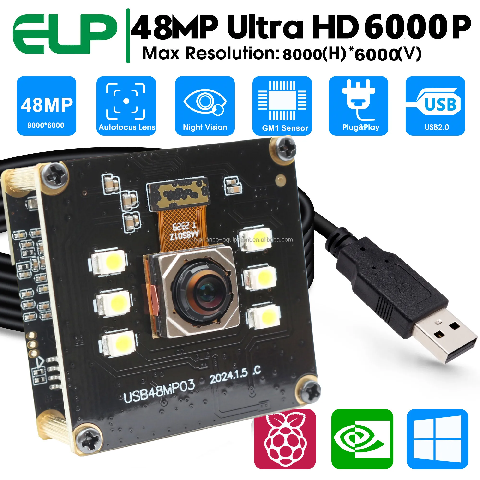 ELP 48MP Autofocus USB Camera Module 30fps 8K Night Vision HD Camera Mini PC Ultra 4K Webcam for Industrial and Video Conference