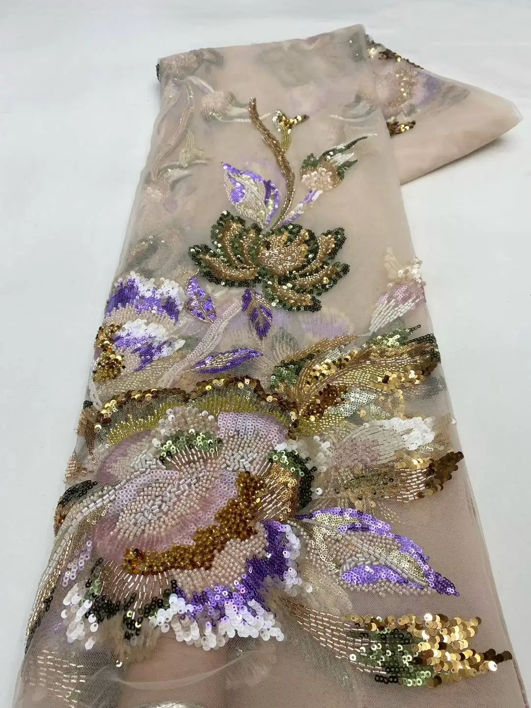 French Beaded Sequins Lace Fabric High Quality 5 Yard Mesh Tulle African Lace Fabric Nigerian Wedding Dress for Women-XZ