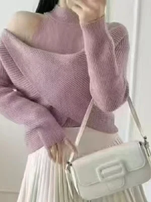 

oulder Bared Long Sve ort Knitted Sweater for Women French Sle Loose Fit Bal Design Inner Wear Autumn New Arrival