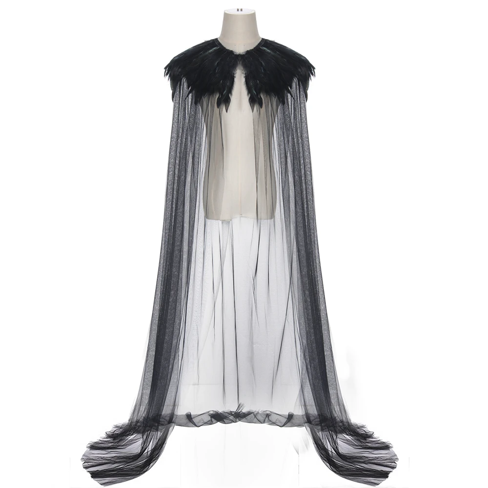 Evil Queen Witch Cloak Black Steampunk Style Feathers Light Gauze Made Cape Halloween Cosplay Outfits Length 180cm