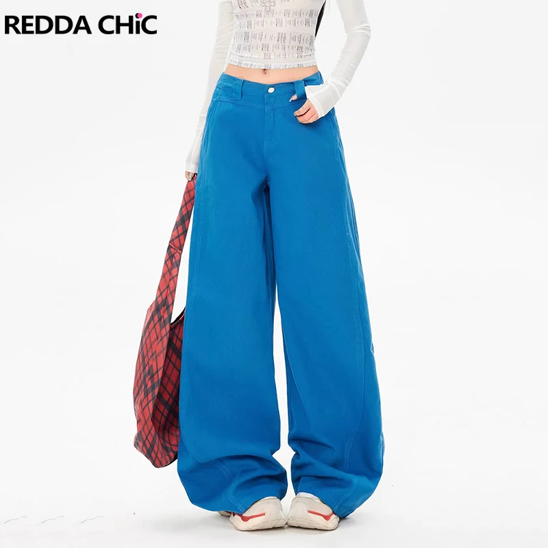 

REDDACHiC Klein Blue Women's Jeans Vintage Soild Cleanfit High Waist Wide leg Barrel Denim Pants Lounge New In Summer Streetwear