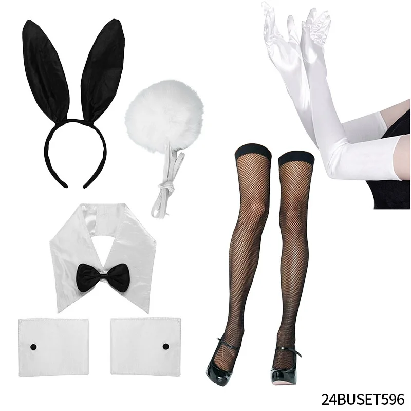 

Женская повязка на голову с заячьими ушками, воротник, галстук-бабочка, манжеты, плюшевые перчатки с кроличьим хвостом, сетчатые чулки, сексуальный костюм для косплея