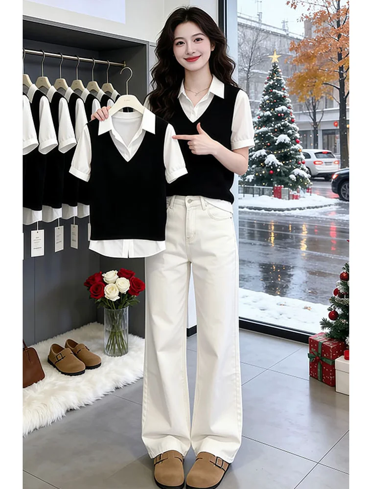 Casual Style Vest Shirt Two-Piece Set Summer New Light Work Style Short Sleeve Casual Shirt Top for Women Breathable Skin-Fri...
