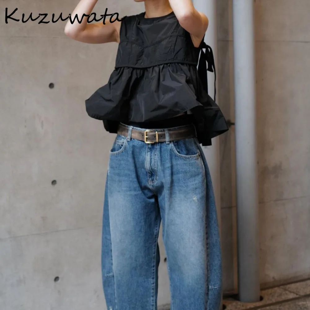 Kuzuwata Sweet O Neck Sleeveless French Style Blusas Vest Lace Up Bow Loose Pullover Ropa Mujer Japan New Patchwork Ruched Tops