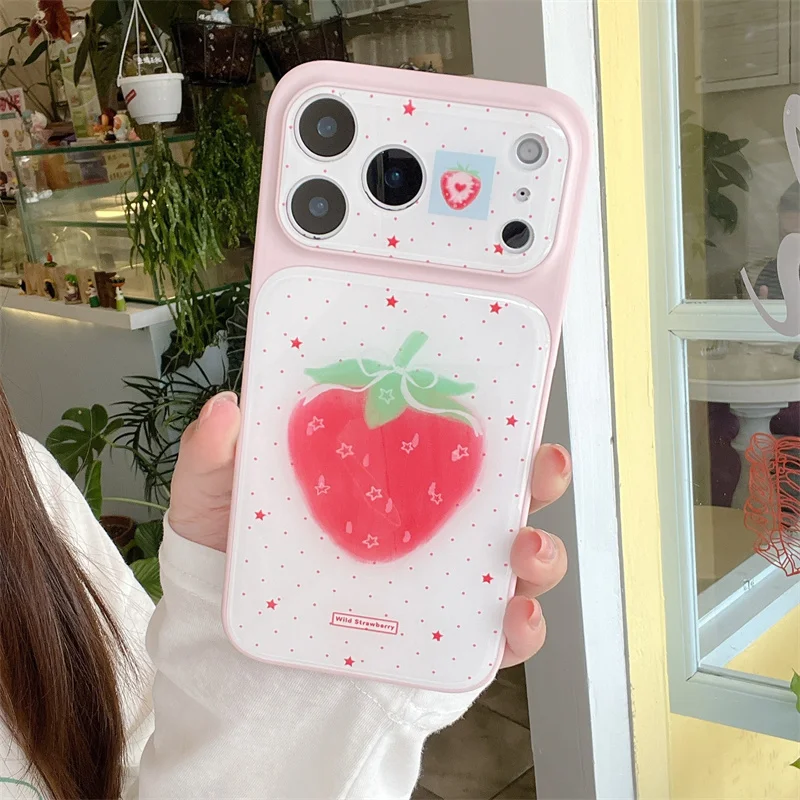 

Kawaii Big Strawberry Print Pink Phone Case For iPhone 14 15 16 17Pro Max INS Sweet Summer Style Large Window Shockproof Cover