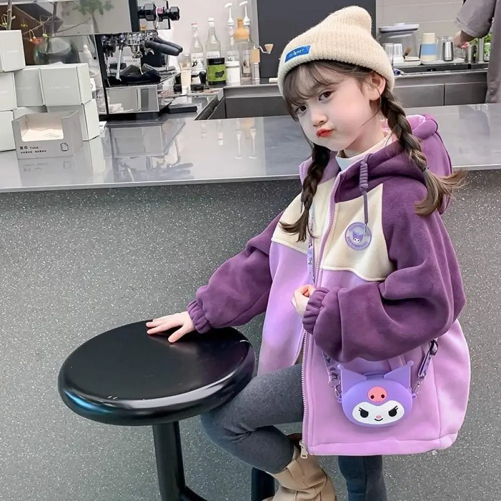 Kawaii Sanrio Kuromi Girls Hooded Coat Kids Anime Thickened Long Sleeve Tops Autumn Winter Zipper Jacket Children's Clothing