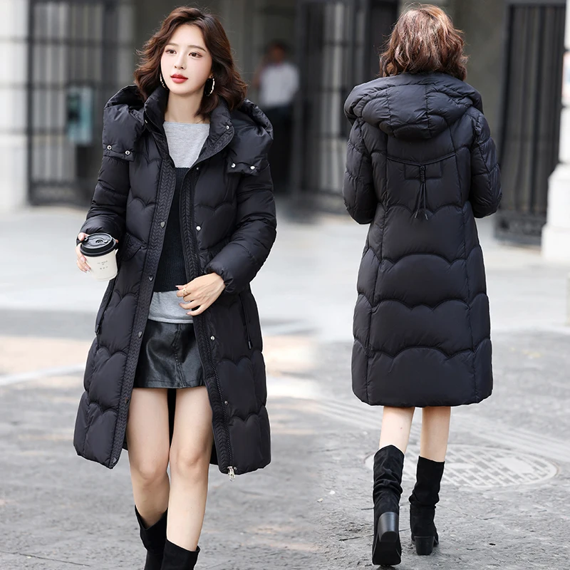 Jaket Wanita Panjang Sedang Berbahan Katun Tebal dengan Model Pelangsing dan Topi yang Dapat Dilepas, Pakaian Luar Musim Dingin dengan Ritsleting Panjang